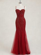 Burgundy Beaded Mermaid Tulle Prom Dress with Sheer Corset