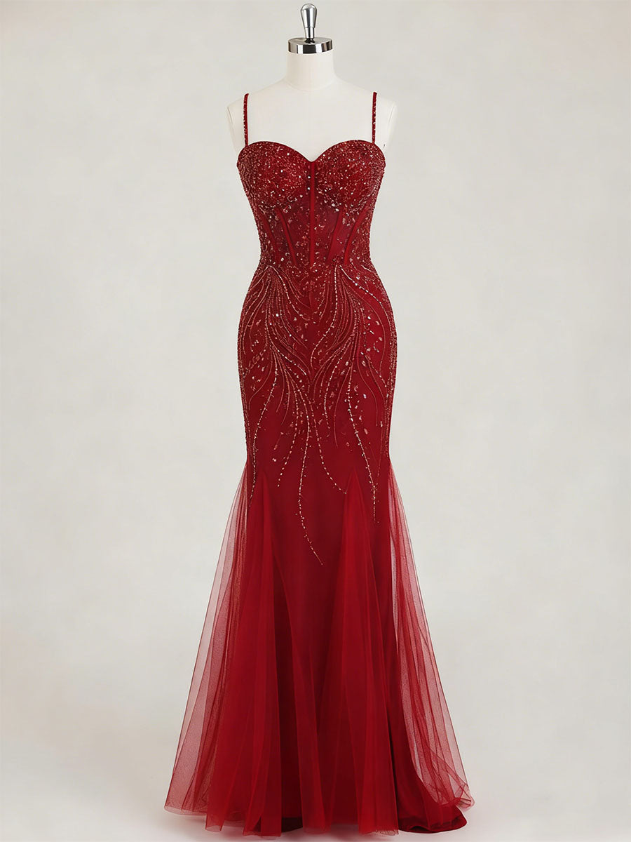 Burgundy Beaded Mermaid Tulle Prom Dress with Sheer Corset