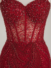 Burgundy Beaded Mermaid Tulle Prom Dress with Sheer Corset