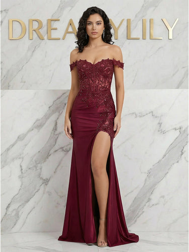 Burgundy Off-the-Shoulder Lace Corset Prom Dress with Slit