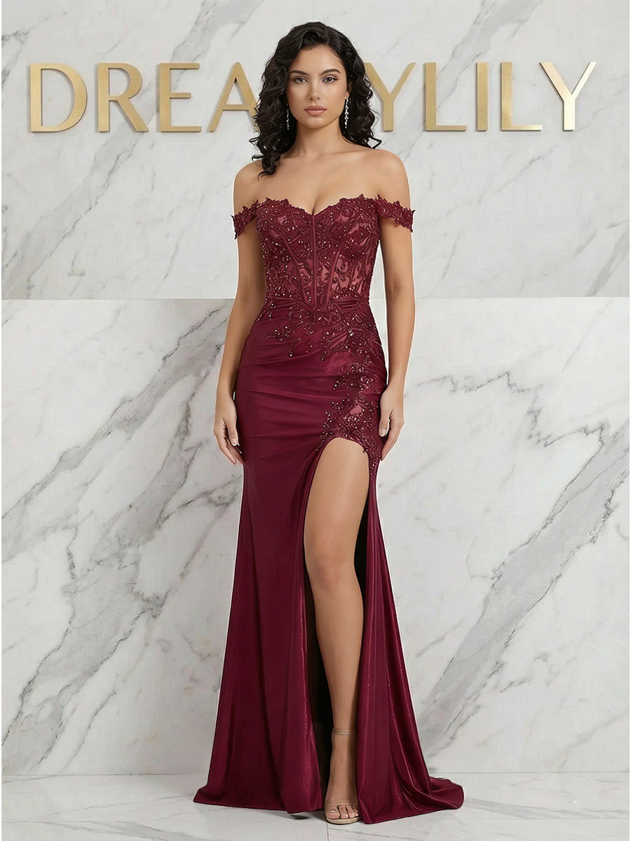 Burgundy Off-the-Shoulder Lace Corset Prom Dress with Slit