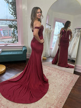 Burgundy Off-the-Shoulder Mermaid Prom Dress with Slit