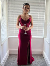 Burgundy Spaghetti Strap Floral Lace Bodice Prom Dress with Slit