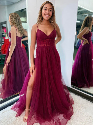 Burgundy Tulle Corset A-Line Long Prom Dress with High Slit