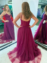 Burgundy Tulle Corset A-Line Long Prom Dress with High Slit