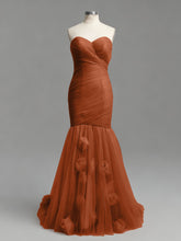 Dusty Rose Mermaid Strapless Ruched Tulle Prom Dress with 3D Floral