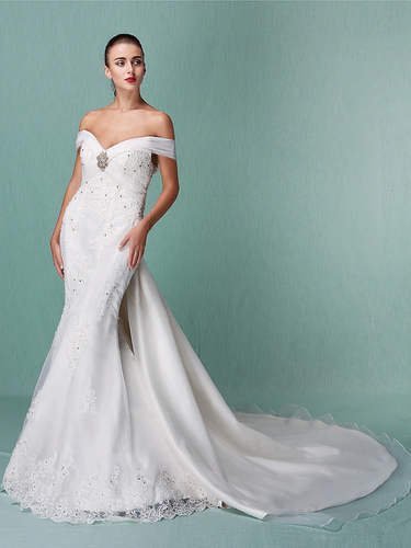 Wedding Dresses Off Shoulder Chapel Train Organza Short Sleeve with Beading Appliques Crystal Floral Pin