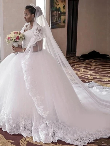 Ball Gown Wedding Dresses V Neck Cathedral Train Lace Tulle Lace Over Satin Regular Straps Beautiful Back Plus Size Wedding Dress with Appliques