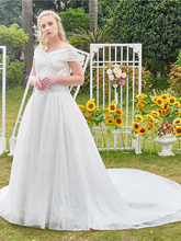 Princess Ball Gown Wedding Dresses Off Shoulder Cathedral Train Lace Tulle Sleeveless Formal Romantic Luxurious Sparkle & Shine Plus Size with Beading Sequin