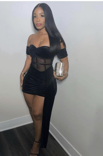 Black Sexy Patchwork Solid See-through Backless Off the Shoulder Homecoming Dress Y2525