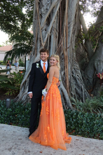 Orange Lace Appliques Prom Dress Illusion Sweetheart Strapless Tulle A Line Sweep Train Evening Gowns Graduation Party Y4167