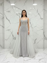 Celestial Silver Beaded Illusion Prom Dress with Overskirt