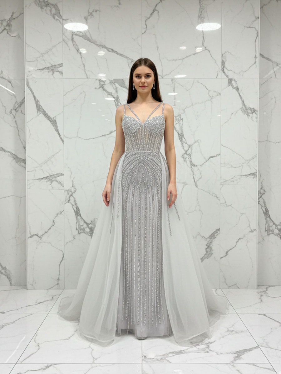 Celestial Silver Beaded Illusion Prom Dress with Overskirt