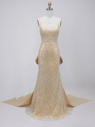 Champagne Gold Sequin Satin Train Mermaid Prom Dress with Bow