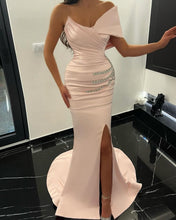 Charming Long Mermaid One Shoulder Satin Rhinestones Prom Dress With Slit