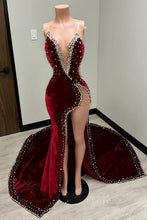 Charming V-Neck Velvet Mermaid Prom Dress Beadings Side Slit Party Dress