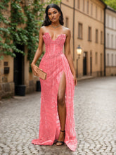 Red Strapless Beaded Fringe Waist Sequin Prom Dress with High Slit