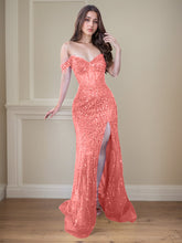 Red Off-the-Shoulder Beaded Tulle Long Prom Dress with Swirling Sequins
