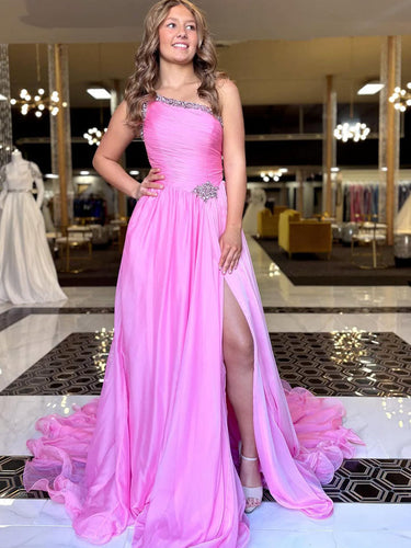 Crystal Beading One-Shoulder Chiffon Prom Dress with High Slit