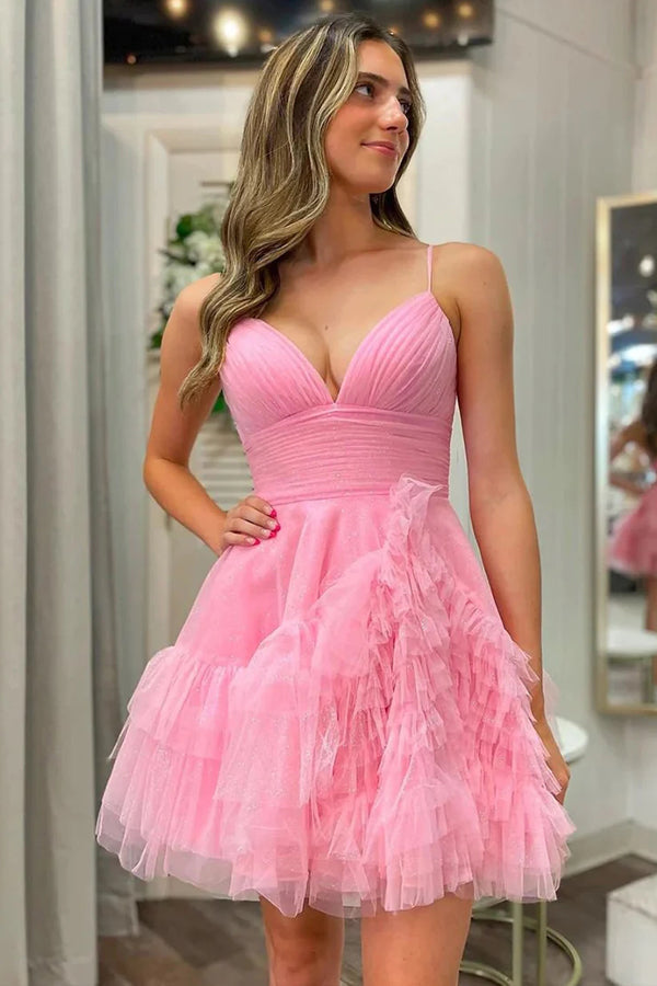 Cute A-Line Spaghetti Straps Pink Tulle Homecoming Party Dress PD481