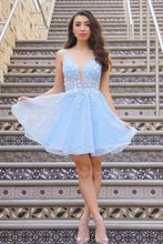 Cute V Neck Light Blue Lace Floral Short Prom Homecoming Dresses PD439