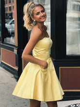 Simple Strapless Short Prom Dress Yellow Homecoming Dress with Pockets PD322