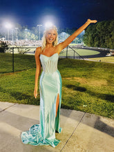 Cyan Strapless Sweetheart Beaded Mermaid Prom Dress with Slit