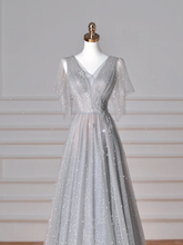 Sparkly Gray Tulle Sequins A Line Prom Dress Sexy V Neck Evening Dress Y8638