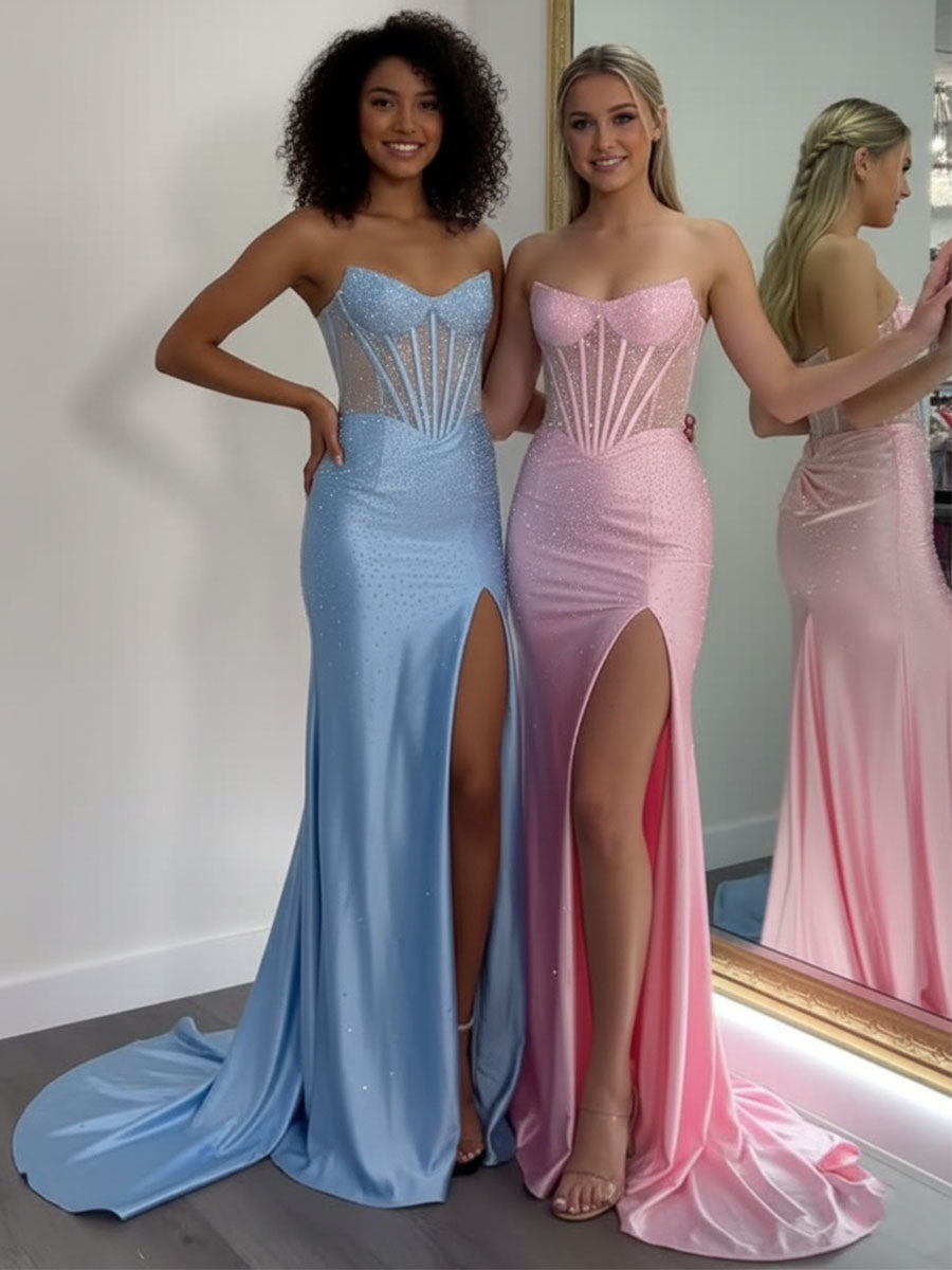 Mermaid Strapless Corset Beaded Prom Dress with Slit