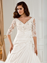 Ball Gown Wedding Dresses V Neck Chapel Train Taffeta Half Sleeve See-Through with Ruched Beading Appliques