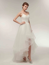 A-Line Wedding Dresses V Neck Asymmetrical Tulle Spaghetti Strap Simple Casual Little White Dress with Side-Draped
