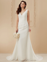 Wedding Dresses V Neck Court Train Chiffon Over Satin Regular Straps Vintage Backless Elegant with Side-Draped