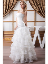 A-Line Wedding Dresses Strapless Floor Length Organza Satin Strapless with Ruched Cascading Ruffles