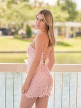 Pink Tight Short Lace Homecoming Dress with Appliques