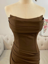 Dark Brown Strapless Cowl Neck Prom Dress with Ruched Waist