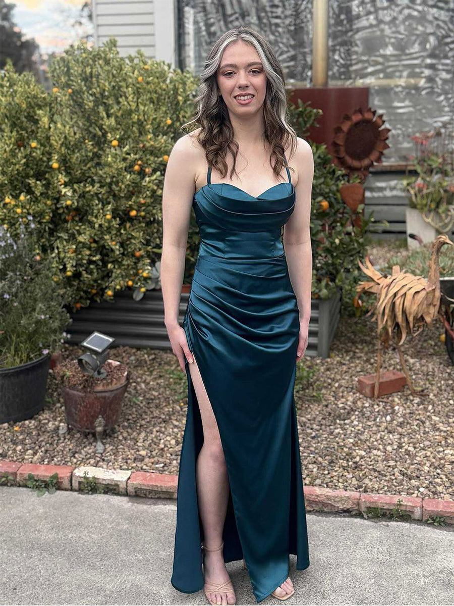Dark Teal Satin Side Ruching Cowl Neck Prom Dress with High Slit