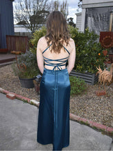 Dark Teal Satin Side Ruching Cowl Neck Prom Dress with High Slit