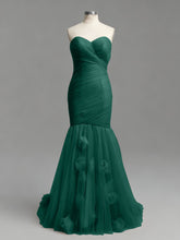 Dusty Rose Mermaid Strapless Ruched Tulle Prom Dress with 3D Floral