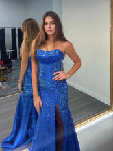 Dazzling Crystal Strapless Neckline Long Prom Dress with Slit