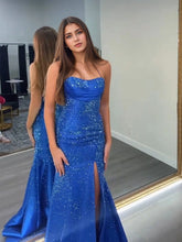 Dazzling Crystal Strapless Neckline Long Prom Dress with Slit