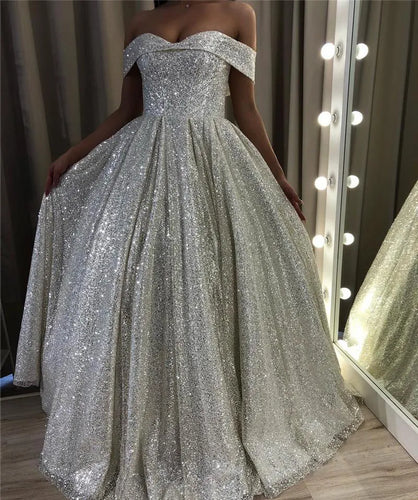 A-line Shiny Off the Shoulder Sequin Wedding Dresses Bridal Gown