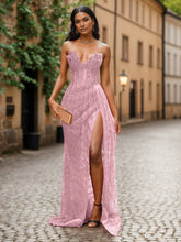 Red Strapless Beaded Fringe Waist Sequin Prom Dress with High Slit