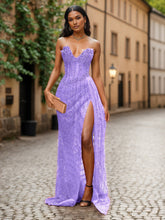 Red Strapless Beaded Fringe Waist Sequin Prom Dress with High Slit