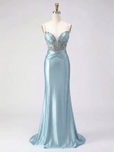 Dusty Blue Beaded Corset Satin Long Prom Dress