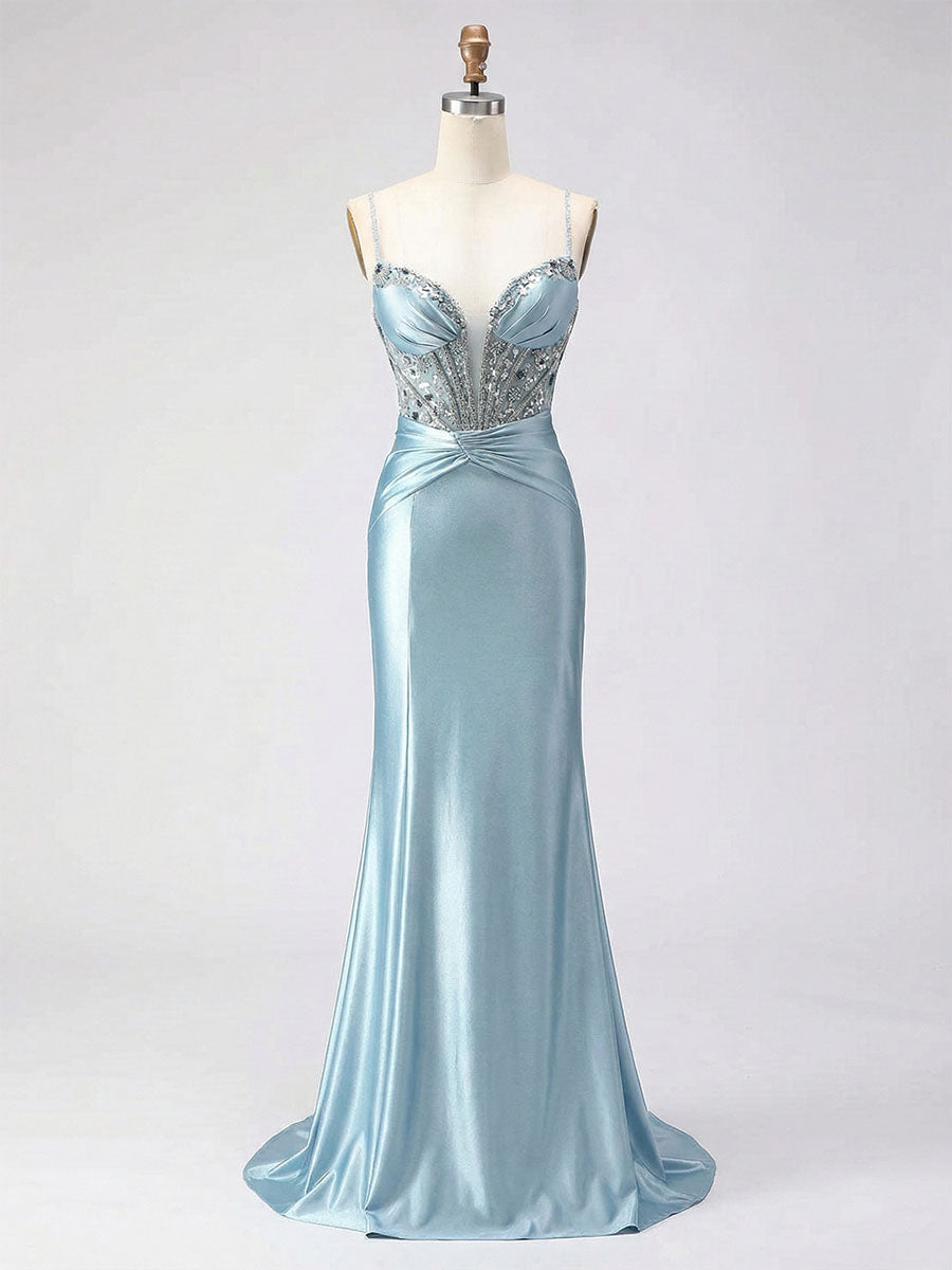 Dusty Blue Beaded Corset Satin Long Prom Dress
