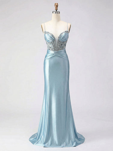 Dusty Blue Beaded Corset Satin Long Prom Dress