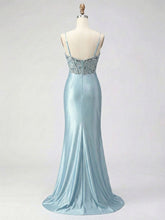 Dusty Blue Beaded Corset Satin Long Prom Dress