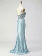 Dusty Blue Beaded Corset Satin Long Prom Dress