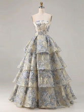 Dusty Blue Floral Brocade Strapless Tiered Long Prom Dress