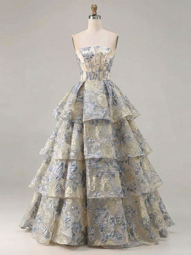 Dusty Blue Floral Brocade Strapless Tiered Long Prom Dress